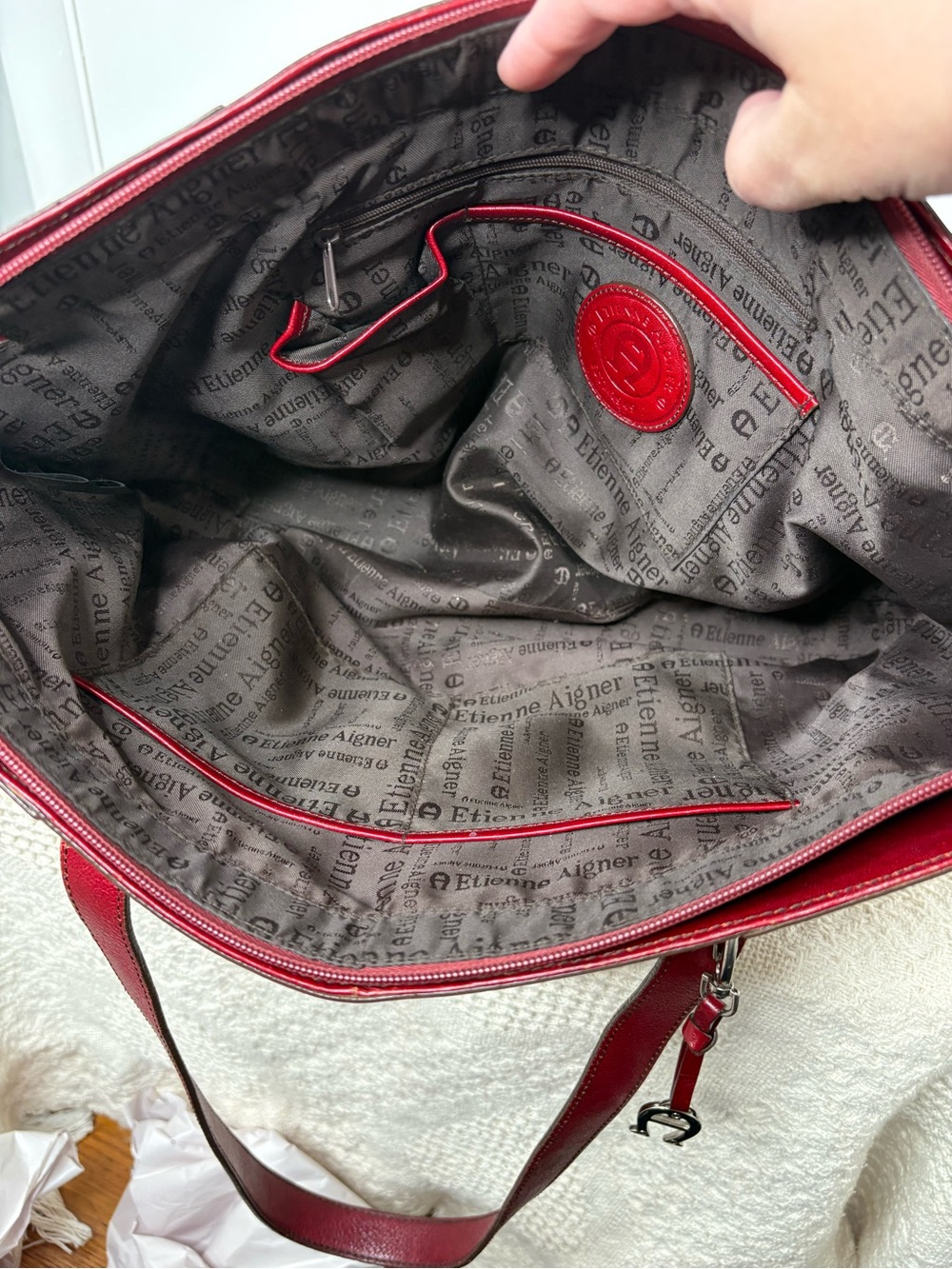Y2K Vintage Etienne Aigner Red Large Pebble Leather Top-Zip Tote Bag - Picture 10 of 11